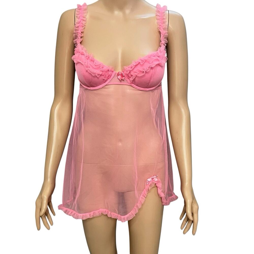 Victorias Secret Pink Mesh Babydoll Nightie 36B Ruffle Coquette Sheer Bow Pinup